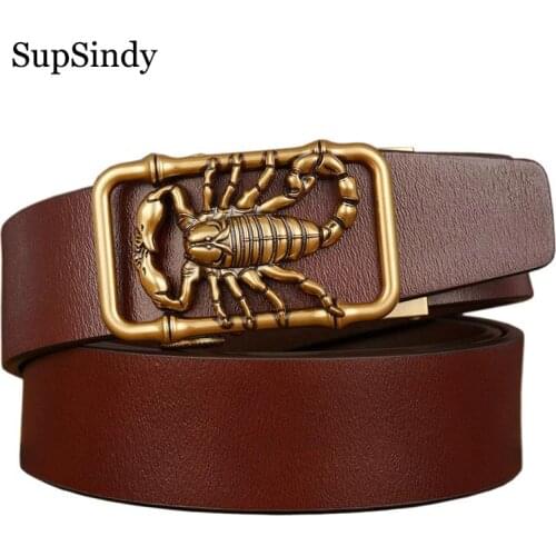 SupSindy New Genuine leather mans belt Scorpion metal Automatic buckle Cowhide Leather Belts for men jeans waistband male strap