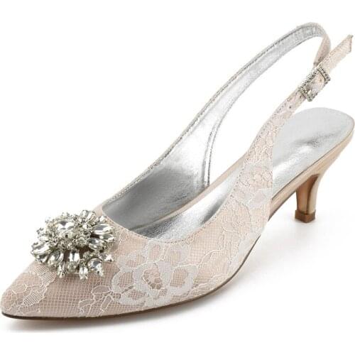OnnPnnQ Mid Heels Lace Crystals Wedding Shoes Women Pointed Toe Buckle Strap Heels Wedding Bridal Party Dress Pumps