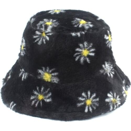 Winter Daisies Flower Print Bucket Hat Women Fashion Warm Plush Bob Chapeau Femme Panama Fishing Cap