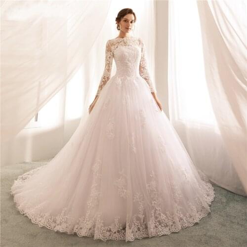 100% Real Pic A Line Bride Dresses 2021 Long Sleeve Wedding Gowns robe In Stock Sheer Neck Lace Bodice Wedding Dress Open Back