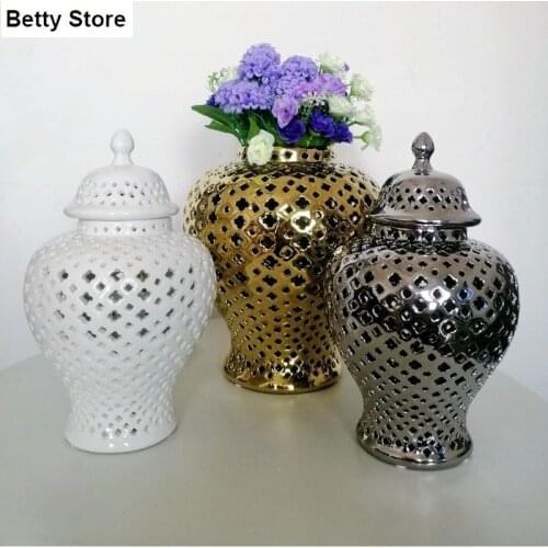 Hollow Ceramic Storage Jar Flower Arrangement Flower Vase Table Top Decoration Electroplating Golden General Jar Crafts Modern