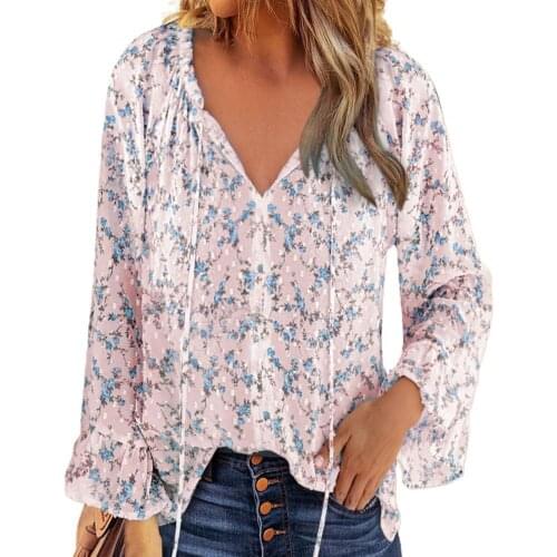 Bohemia Floral Print Women Blouse Flare Long Sleeve Autumn 2021 Lace Up Ruffles V Neck Loose Pullover Blouses Shirts Top Travel