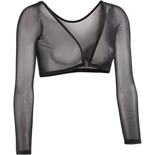 Female v-neck fashion casual personality sexy shaping mesh breathable tight-fit slim navel long-sleeved short bottoming shirt