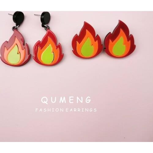QUMENG 2020 Sweet Cute Acrylic Fire Flame Geometric stud Earrings for Women Girls Hip Hop Nightclub Party punk acrylic earrings