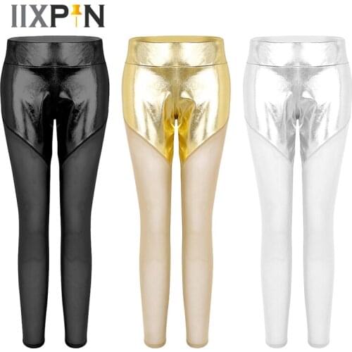 Women Shiny Metallic Leggings Pants High Waist Mesh Splice Workout Leggings Dance Sport Pants Tights Gym Fitness Pants Trousers