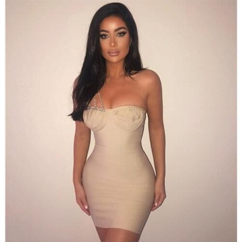 High Quality 2021 Women Sexy One Shoulder Diamonds Beige Mini Bodycon Bandage Dress Elegant Celebrity Evening Party Club Dress