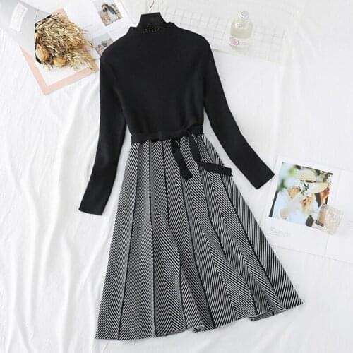 2020 autumn winter women dress A-line vintage Half turtleneck stripe Knitted dress fashion casual Knee-length sweater dresses
