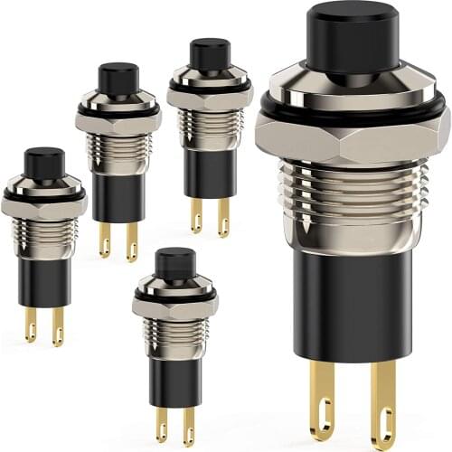 Push Button Switch, Self-locking Mini Switches Latching 10mm Round DC24V 0.5A Black Cap 5PCS