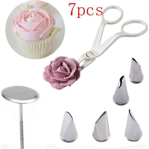 7Pcs/set Flower Scissor+Cake Tray +5pcs Tulips Rose Nozzle Nail Decor Lifter Fondant Cream Transfer Baking Pastry Kitchen