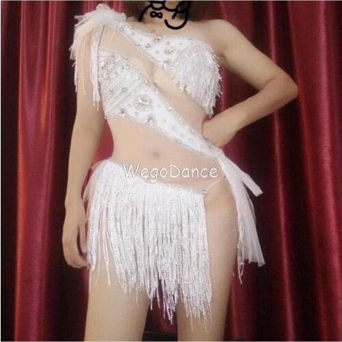 New Women Sexy Rhinestones White Tassel Bodysuit Singer Bar Dance Clothes Leotard Freeshipping
