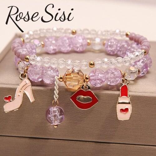 Rose sisi Korean cute mouth lipstick crystal beaded bracelet for women student friend bracelets Jewelry Female