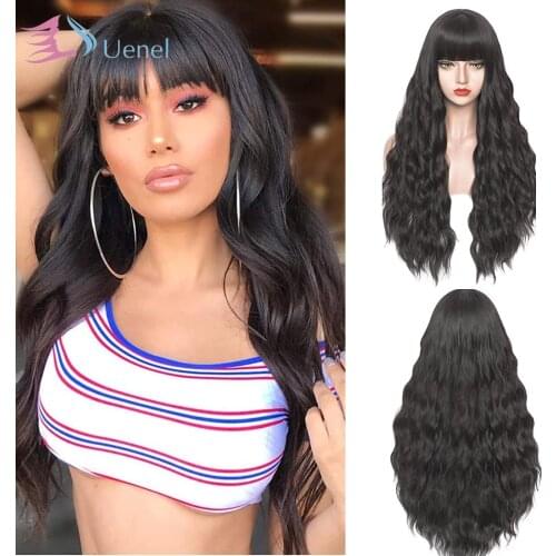 Uenel Long Black Wigs for Women 28 Inches Fluffy Wavy Hair Wig with Bangs Natural Full Synthetic Cosplay Wig Heat Resistant