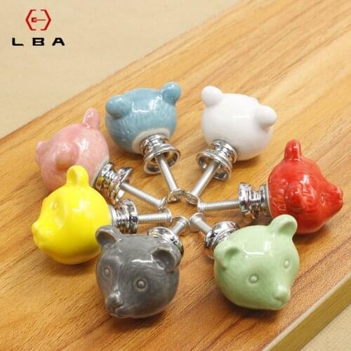 LBA Cartoon Ceramic Bear Drawer Knobs 3D Cute Closet Handles Creative Novelty 7 Colors Fashion Push Pull Hardware Door Handles