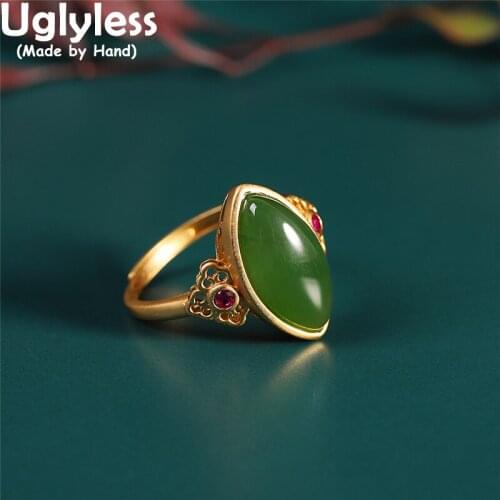 Uglyless Rugby-shaped Jasper Rings for Women Real 925 Silver Natural Gemstones Jewelry Vintage Gold Green Jade Rings Crystals