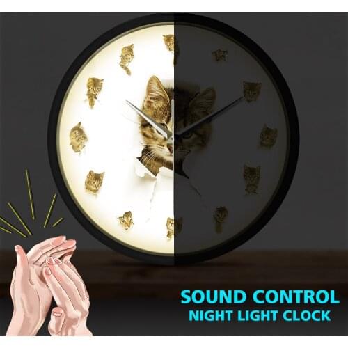 Kittens In Hole of Paper Modern Design Kid Room Nursery Kitty Playing Night Light Cat Sound Activated Wall Clock