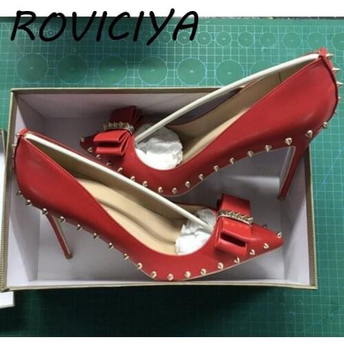 Red rivets 12cm high heels needle tip rivet white womens shoes 10 cm 8cm banquet shoes banquet shoes MD034 ROVICIYA