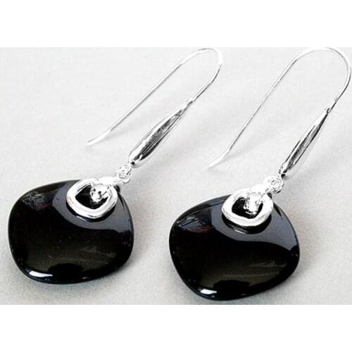 Hot Sell FASHION 925 SILVER NATURAL BLACK Natural Stone EARRINGS 14/5"