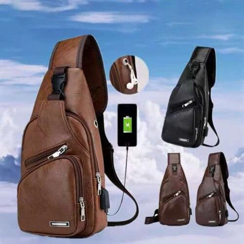 USB Charging Fashion Men Chest Bag PU Leather Messenger Bag Multi-function Trend Casual Sports Back Pack With Cable Hole Pockets