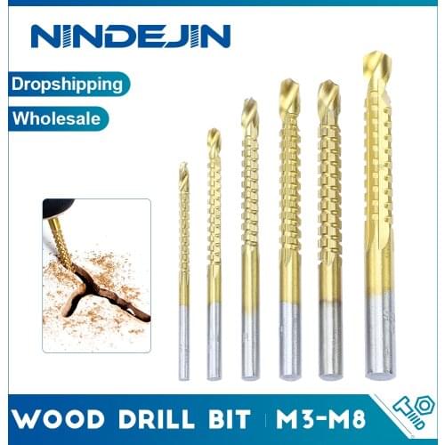 NINDEJIN 1/6pcs Wood Drill Bit High Speed Steel Serrated Twist Drill Titanium Coated Multifunction Composite Woodworking Drill