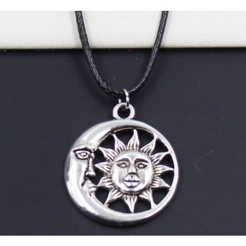 New Durable Black Faux Leather Sun Moon Pendant Cord Choker DIY Necklace Retro Boho Tibetan Silver Color