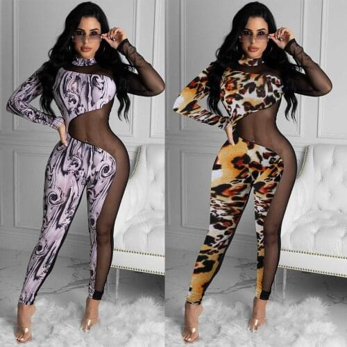 Sexy womens gauze stitching printing long-sleeved one-piece nightclub clothes