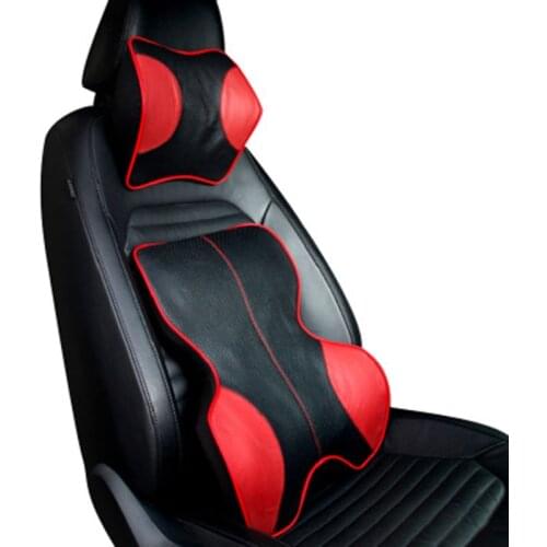 Genuine Leather Car Headrest Neck Pillow Memory Foam Auto Head Protection Rest Cushion Seat Waist Lumbar Supports Set