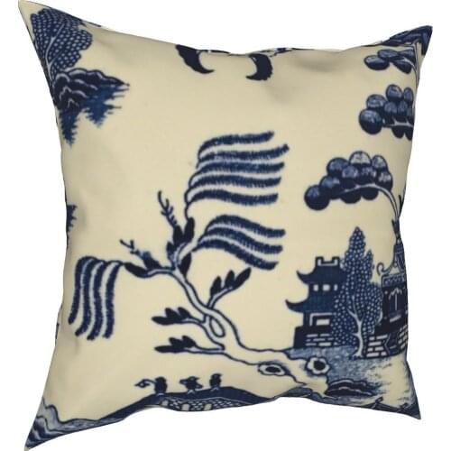 Blue Willow Pattern Pillowcase Printing Polyester Cushion Cover Decoration Chinese Pillow Case Cover Seater Square 18"