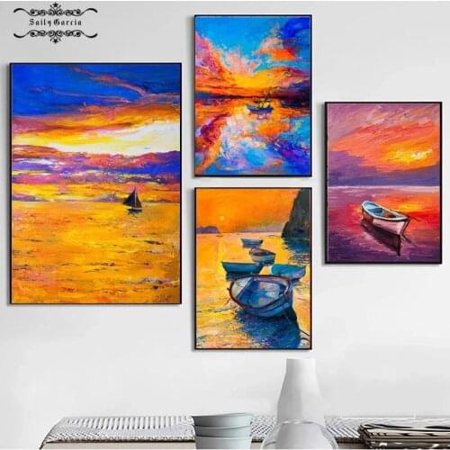 Nordic Abstract Landscape Boat Impression Canvas Painting Poster and Print Oil Dusk Seascape Wall Art Picture for Living Room