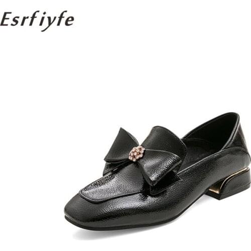 ESRFIYFE 2020 New Women Patent Leather Shoes OL Loafers Casual Low-heeled Female Sweet Metal Pumps Shoes Woman Large Size 34-45