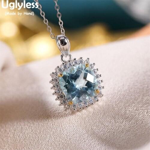 Uglyless Purple Crystals Square Heart Pendants for Women Faceted Blue Topaz Necklaces NO Chains 925 Silver Rings Jewelry Sets