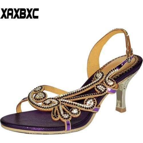 XAXBXC 2018 New Summer Crystal High Heels Leather Rhinestone Gladiator Sandals Women Bridesmaid Party Sandalias Wedding Shoes