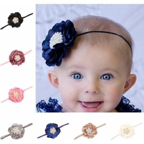 Yundfly Boutique Artificial Fabric Burned Flower With Pearl Rhinestone Headband Elastic Girls Satin Flower Head Bands