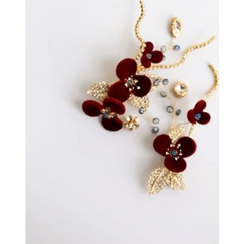 Burgundy Flower Bridal Pins Hair Clips Rhinestone Women Barrette Handmade Wedding Party Prom Headpiece Hair Jewelry