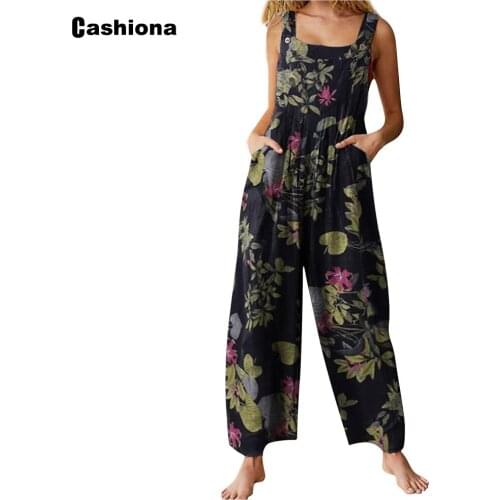 Cashiona Women Boho Flower Print Jumpsuits Casual Bodysuits Loose Pockets Overalls Wide Leg Onesie Jumpsuit ropa mujer femme