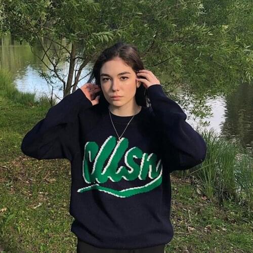 B-TOTO American Retro Bm Letter Black Sweater Womens Round Neck Tide Ins Thin Sweater 2021 New Fashion