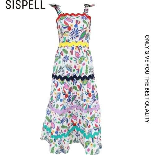 SISPELL Print Hit Color Womens Dress Lace Up Bowknot Square Collar Sleeveless High Waist For Female Sexy Dress 2020 Fashion
