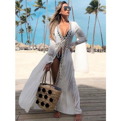 2021 Crochet White Knitted Beach Cover up dress Tunic Long Pareos Bikinis Cover ups Swim Cover up Robe Plage Beachwear