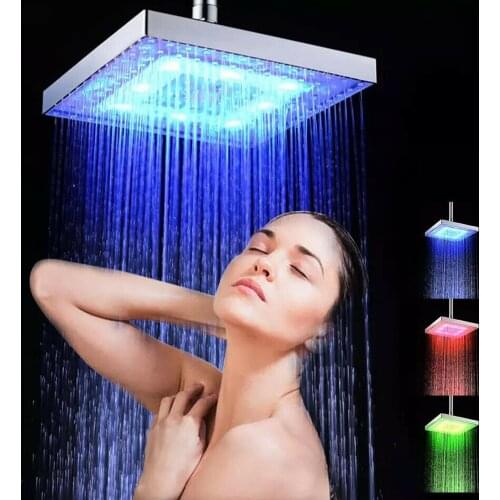 8 Inch Round Square Stainless Steel Showerhead Bath Rainfall Shower Head Automatically Color-Changing Rain Shower for Bathroom