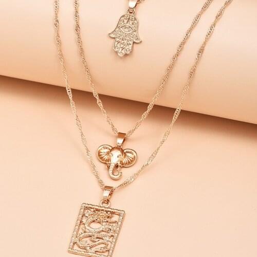 Boho Vintage Gold Color Elephant Dragon Pendant Necklace Set Fashion Multilayer Necklace for Women Jewelry Accessories