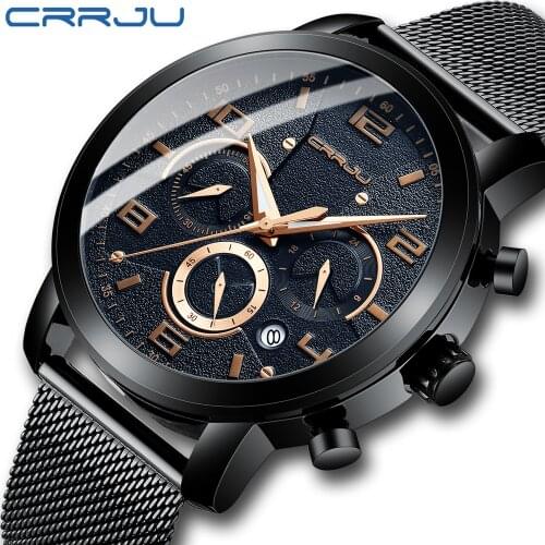CRRJU The Latest Brand Top Luxury Stainless Steel Fashion Mesh Belt Multi-function Six-hand Chronograph Mens Bracelet Watch