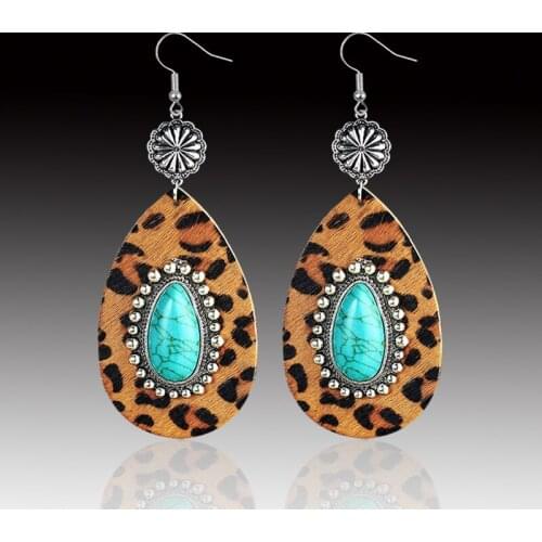 Filigree Flower Leopard Print Leather Turquoises Vintage Drop Dangle Exaggerated Inlaid Green Stone Ancient Ethnic Long Earrings