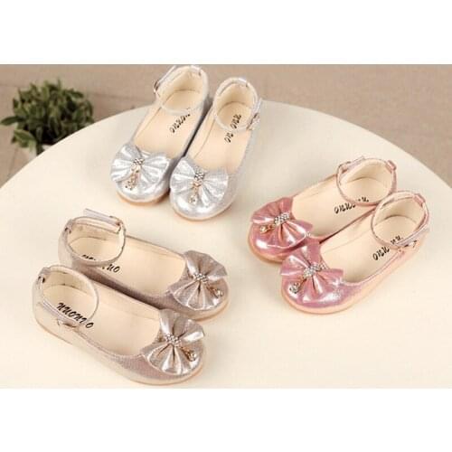 New Flowers Children Girls Kids Baby Silver Gold Wedding Party Princess Leather Shoes For Girls BowKnot Dance Dress Martin Shoes