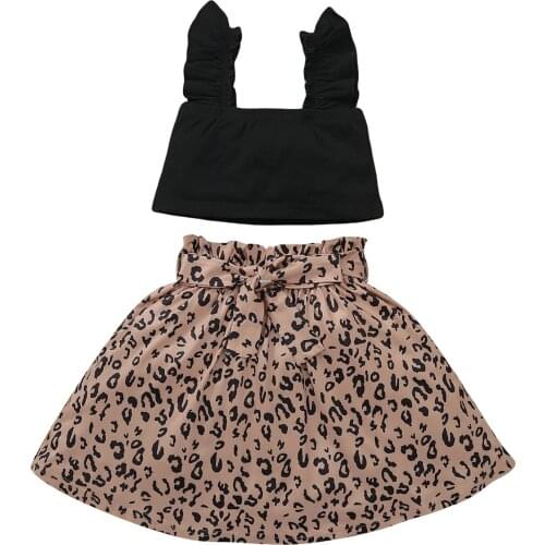 Baby Toddler Girl Summer Outfit Sets, Solid Color Ruffle Spaghetti Straps Tank Top + High Waist Leopard Skirt 2 Piece Suits