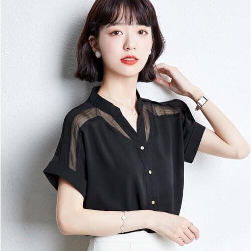 Summer Blouse Women Chiffon Short Sleeve Top Fashion Solid Color Net Yarn V-neck Tops Plus Size
