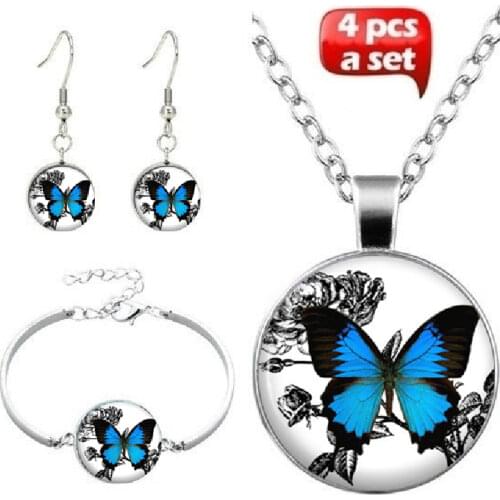 Blue Butterfly Necklace Picture Pendant Vintage Style Jewelry Charm Gifts for Her