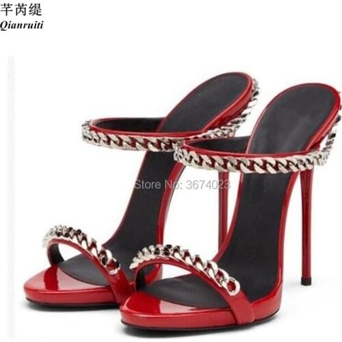 Qianruiti Women Metal Chains High Heel Mules Red Black White Patent Leather Sandals Open Toe Slip On 12 cm Heel Slippers