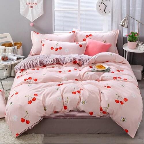 Pink Red Cherry Cute Kids Cartoon Luxury Comforter Bedding Set Animal Modern King Queen Twin Size Bed Linen Duvet Cover Set