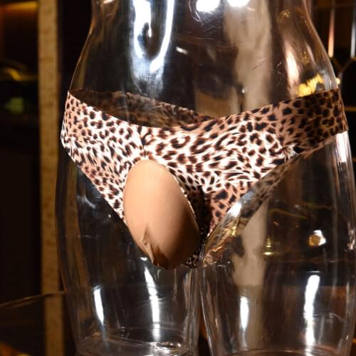 Sexy Men Ice Silk Leopard Low Rise G-string U Convex Pouch Sheer Seamless G-string COCkring Sexy Brief Stage Wear Gay Wear F12