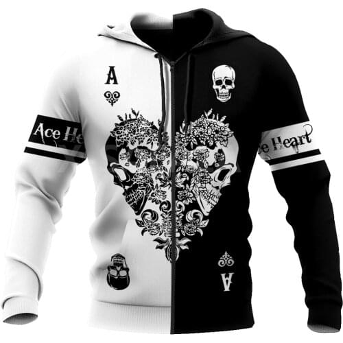 Poker Ace Heart Skull 3D All Print Plus Hoodie Man Women Harajuku Outwear Zipper Pullover Sweatshirt Casual Unisex Jacket