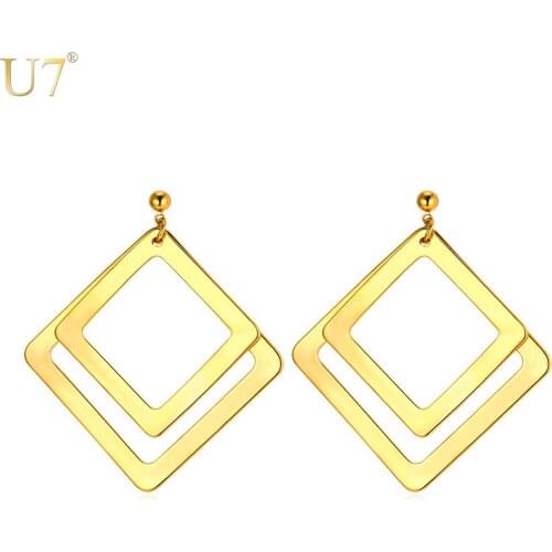 U7 Gold Color Stainless Steel Earrings For Women Party Gift Trendy Statement Jewelry Double Square Hoop Earrings E761